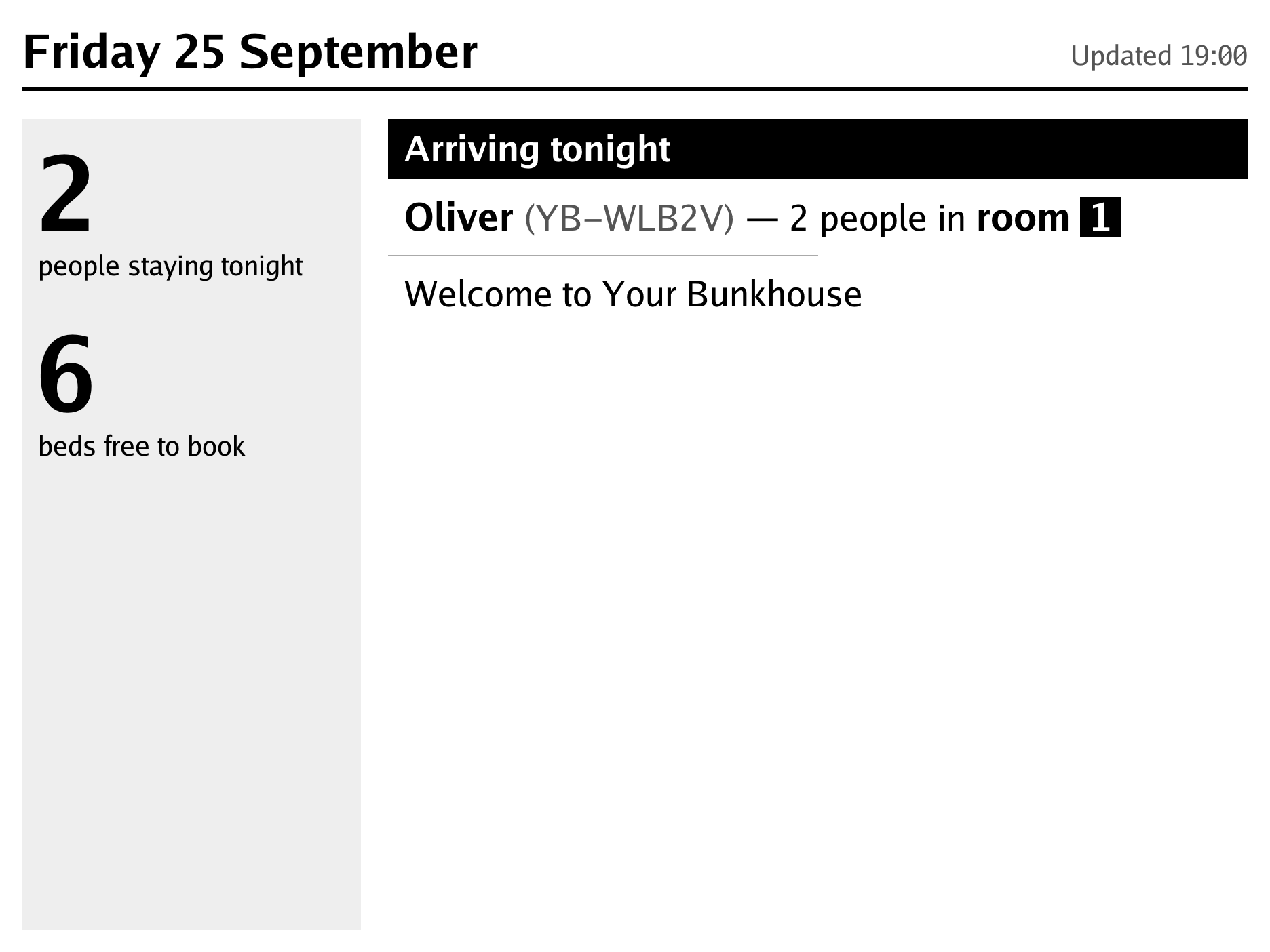 The wall display at 7pm: a welcome to Your Bunkhouse, with Oliver’s group of 2 in room 1.
